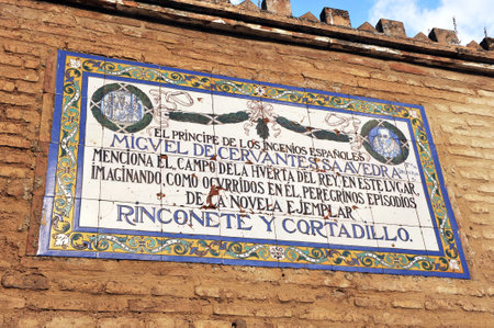 Commemorative tile of the novel titled Rinconete y Cortadillo written by Miguel de Cervantes, Seville, Andalusia, Spainのeditorial素材