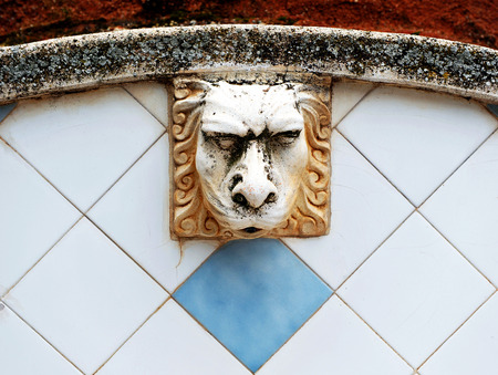 Decorative Tiled fountain with a lion s head, Almagro, Ciudad Real, Spainの写真素材