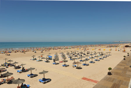 Panoramic view, Victoria Beach, Costa de la Luz, Cadiz, Andalusia, Spainのeditorial素材
