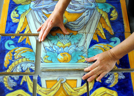 Decorative tile, ceramist work in his studio, Seville, Spainの写真素材