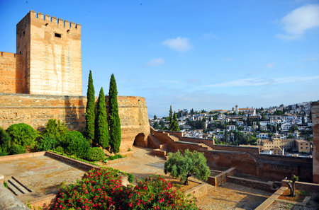 Alcazaba, panoramic view of the Albaicin neighborhood from the Alhambra palace, Granada, Andalusia, Spainのeditorial素材