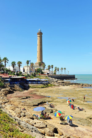 Chipiona beach with the famous lighthouse, Costa de la Luz, Cadiz province, Spainのeditorial素材
