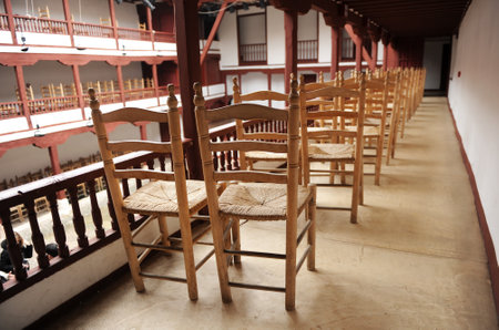 Wicker chairs. Corral de Comedias in Almagro, a perfectly preserved ancient theater. Province of Ciudad Real, Spainのeditorial素材