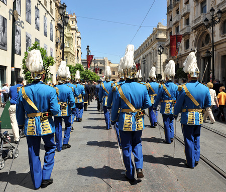 Parade of the local police of Seville during the procession of the Corpus Christi, Andalusia, Spain