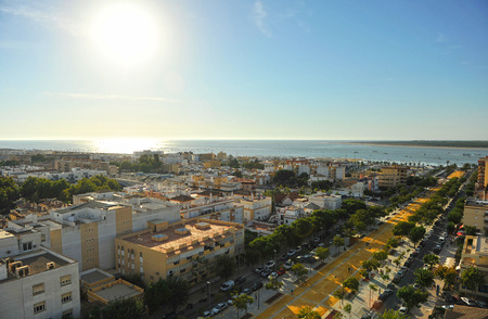 Panoramic view of the mouth of the river Guadalquivir and Donana in the background, Sanlúcar de Barrameda, Cádiz province, Spainの写真素材