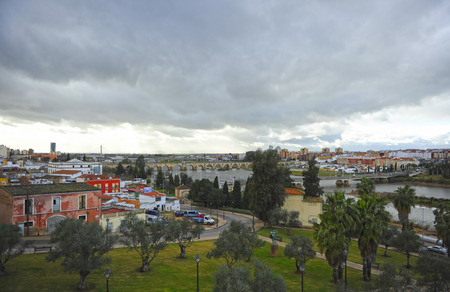 Panoramic view of Badajoz and the bridges over Guadiana river from the Alcazaba, Extremadura Region,...
