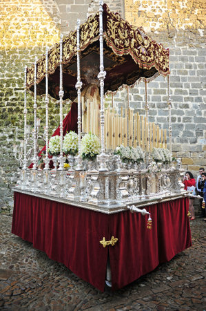 Virgin of Peace of the brotherhood of Holy Supper leaving the cathedral on Palm Sunday. Procession...