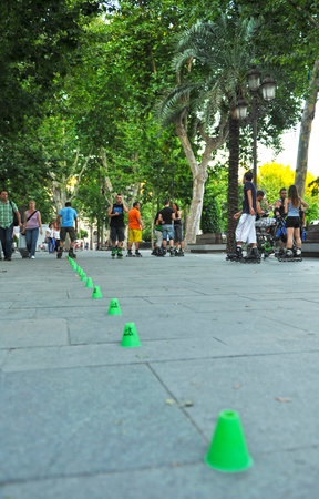 Urban roller skaters in Plaza Nueva Square, Seville downtown, Spainのeditorial素材