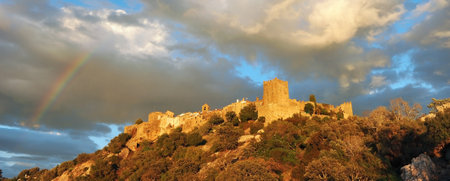 Medieval castle of Castellar de la Frontera (Old Castellar), Alcornocales Natural Park, province of Cadiz, Spainのeditorial素材