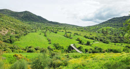 Weekend hike in Los Alcornocales. Mountain road and bridge over the Guadiaro river near El Colmenar. Panorama of Los Alcornocales Natural Park Andalusia Spain.の写真素材