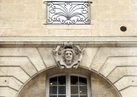 Mascaron (figurehead) of a Bordeaux building. Mascarons of Bordeaux Gironde Franceのeditorial素材