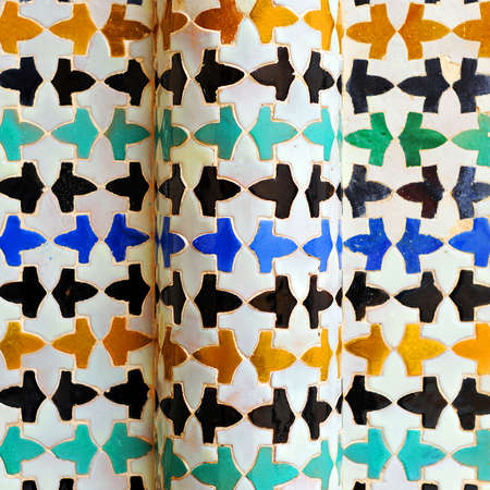 Arabic mosaic tiles of Al Andalus. Granada tiles azulejos. Arab tiles from Spain. Alhambra of...