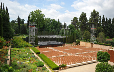 Auditorium Generalife Theater in the gardens of the Alhambra Palace of Granada, where a famous Music Festival is held in summer. Andalusia, Spainのeditorial素材
