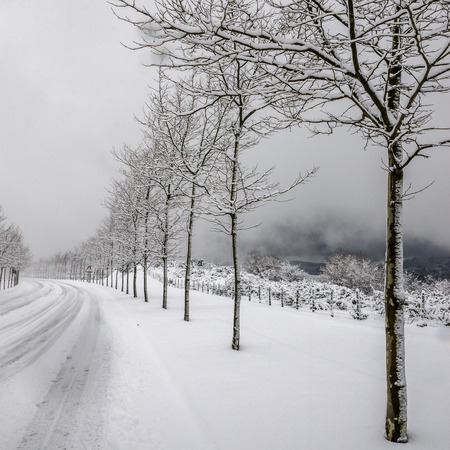 Heavy snowfall in the mountains of the Basque Countryの写真素材