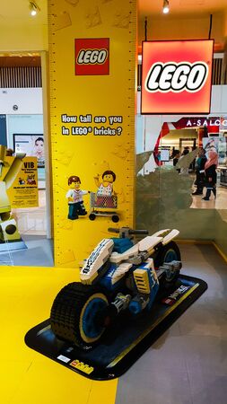 Putrajaya / Malaysia - June 30, 2019: Lego motorcycle and banner display in the Lego Store at IOI City Mallのeditorial素材