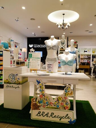 Putrajaya / Malaysia - June 30, 2019: The display of Wacoal shop promoting bra recycling campaign in IOI City Mall. All collected old bras will be transformed into environmentally-friendly energy.のeditorial素材