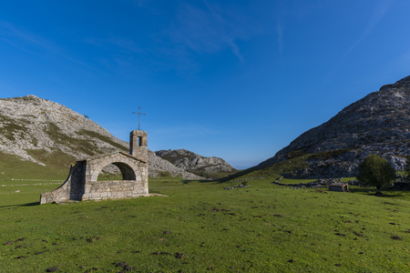 Chapel of Buen Pastor (Lakes of Covadonga, Asturias - Spain).の写真素材
