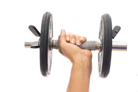 Doing weights with some dumbbells.