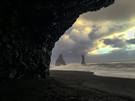 Stone pillars in the sea at Reynisfjara beach, Icelandの写真素材
