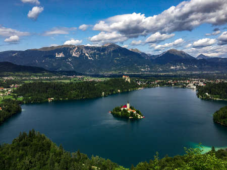 Panoramic view over Lake Bled and the Julian Alps, SolveniaPanoramic view over Lake Bled and the Julian Alps, Solveniaの写真素材