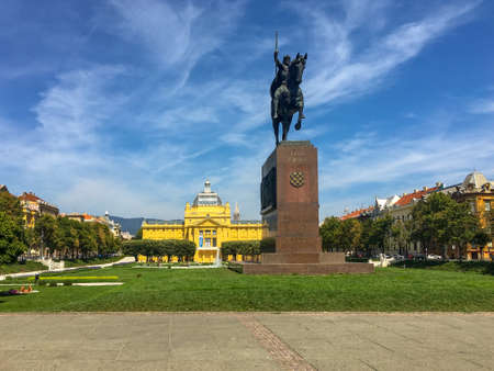 Summer in King Tomislav Square (Trg Kralja Tomislava) in Zagreb, Croatia, viewing the statue of King...