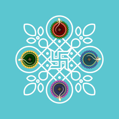 Colorful Diwali Oil Lamps Placed on Rangoli | Editable Mandala  Illustrationのイラスト素材
