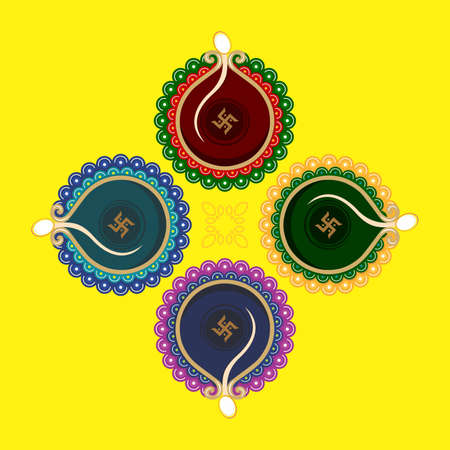 Set of Colorful Oil Lamps, Top View | Oil Lamp for Indian Festivals | Editable Vectorのイラスト素材