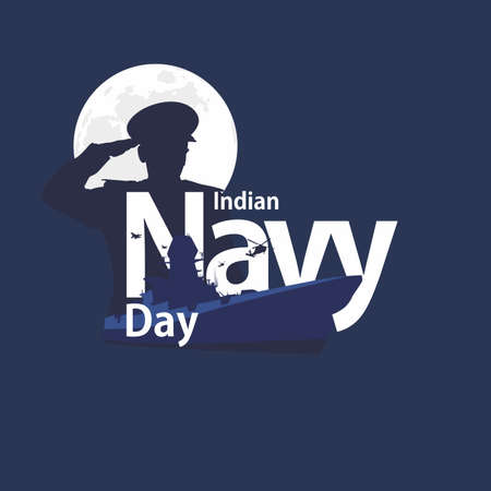 Indian Navy Day Wishing Greeting Card. Beautiful Calligraphy of Indian Navy Day. War Ship Editable Illustration.のイラスト素材