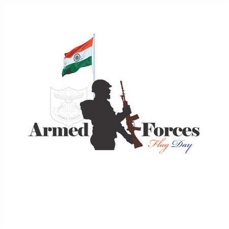 Armed Forces Flag Day of India. Creative Card for Armed Forces Flag Day.  Illustration of Indian Flag and Soldier Holding Gun.のイラスト素材