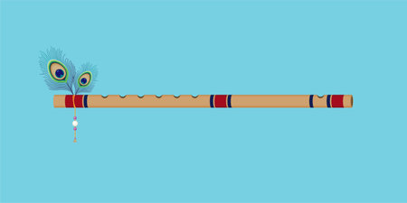 Beautiful Bamboo Flute with Peacock Feathers. Decorative Indian Flute Illustration.のイラスト素材