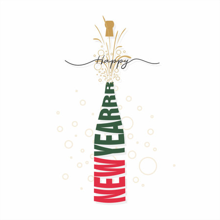 Conceptual Template Design for New Year. Happy New Year Wishing Greeting Card. Champagne Bottle Explosion Illustration.のイラスト素材