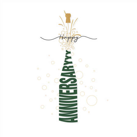 Conceptual Card Design of Happy Anniversary. Champagne Bottle Explosion Created with Anniversary Word. Editable Illustration.のイラスト素材