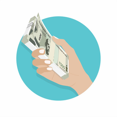 Vector of Hand Holding Pack of Indian Currency. Bundle of Indian 500 Rupees. Editable Illustrationのイラスト素材