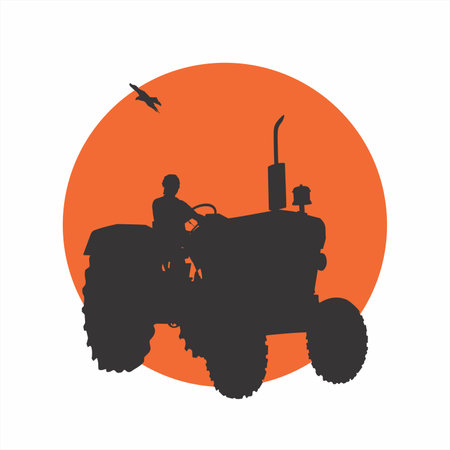 Vector of Indian Farmer Plowing the Field with Tractor. Farmer Driving Tractor. Horticulture Cultivation Technology. Editable illustration.のイラスト素材