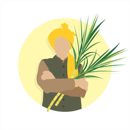 Vector of Farmer Holding Crop. Farmer in Indian Attire. Editable Illustration of Farmer Holding Sugarcane.のイラスト素材