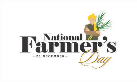 Creative Template Design for National Farmers Day. Typographic Banner of National Farmers Day. Editable Illustration of Farmer Holding Crop.のイラスト素材