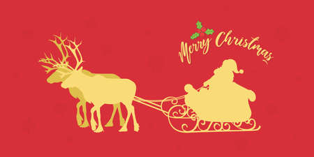 Merry Christmas Wishing Greeting Card Design on Red Background. Christmas Wishing Creative Template. Illustration of Santa Claus Riding Sleigh.のイラスト素材