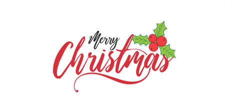 Merry Christmas Wishing Greeting Card. Calligraphic Banner Design for Christmas Festival. Editable Illustration of Holly Christmas Leaves.のイラスト素材
