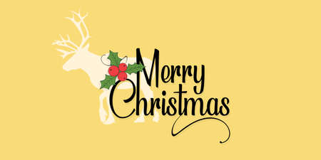 Christmas Wishing Greeting Card Design. Calligraphic Banner Design for Merry Christmas. Illustration of Holly Christmas Leaves and Reindeer.のイラスト素材