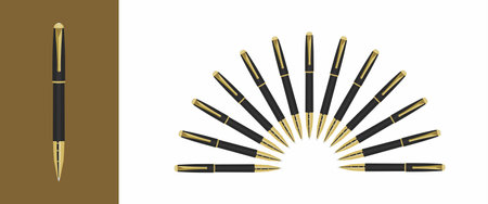 Vector of Black and Golden Color Ballpoint Pen With A Cap.  Illustration of Mock Up Pen isolated on white background.のイラスト素材