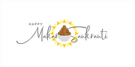 Creative Cursive Typography of Happy Makar Sankranti, an Indian Festival. Editable Illustration of Sesame Laddu. Greeting Card for Makar Sankranti.のイラスト素材