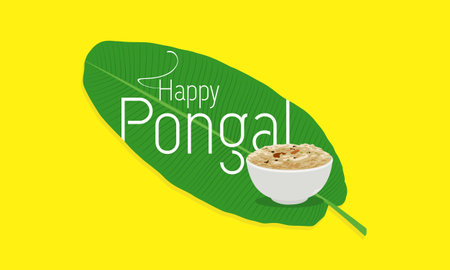 Conceptual Typography - Happy Pongal, an South Indian Festival. Editable Illustration of Banana Leaf and Kheer Bowl.のイラスト素材