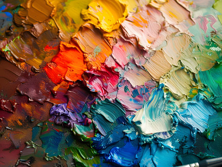 Immerse yourself in the vibrant world of art with this detailed close-up of an artist's palette. display of hues and textures. Generative AIの素材