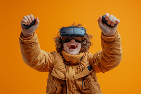 A boy with curly hair wearing VR glasses is enjoying the reality of the virtual world. image by Generative Aiの素材