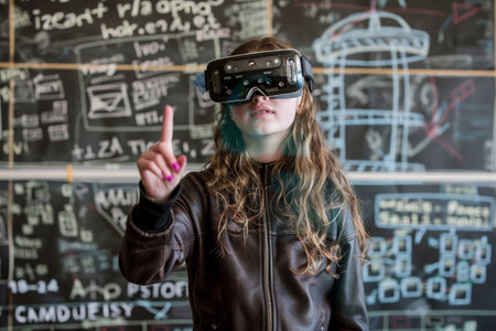 Young woman wearing VR glasses is learning about math, science, having fun.  image by Generative Aiの素材