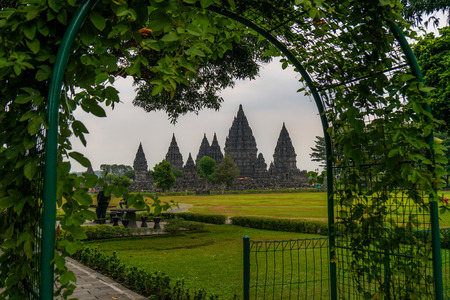 Prambanan temple from behind the gate, Yogyakarta, Indonesia.のeditorial素材