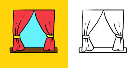 Illustration of windows and curtains. Perfect for art, postcards, cards, wall decor, t-shirts, cards, prints, picture books, coloring books, wallpapers, prints, cards, etc.の写真素材