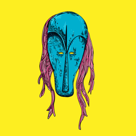 Blue mask illustration on yellow background. Perfect for art, postcards, cards, wall decor, t-shirts, cards, prints, drawing, printing, wallpaper, prints, cards, ect.の写真素材