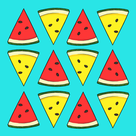 Watermelon pattern on blue background. Vector red watermelon. Perfect for art, postcards, cards, wall decor, t-shirts, cards, prints, drawing books, coloring books, wallpaper, prinの写真素材