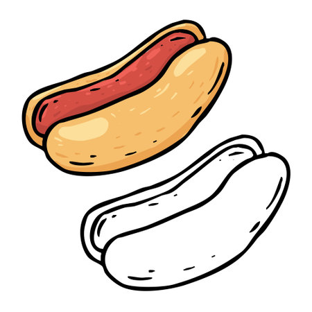 Hotdog vector illustration. Perfect for art, postcards, cards, wall decor, t-shirts, cards, prints, drawing books, coloring books, wallpaper, prints, cards, ect.の写真素材